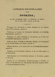 32522 Opsomming van de zitplaatsen tijdens de plechtigheid ter gelegenheid van het tweede eeuwfeest van de Utrechtse ...